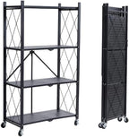 Four-Layer Foldable Storage Metal Shelf with Locking Wheels,Easy Assembly and Move Space-Saving Shelves Organizer Suitable for Kitchen, Pantry and Closet-28.54" L x 14.17" W x 46.06" H