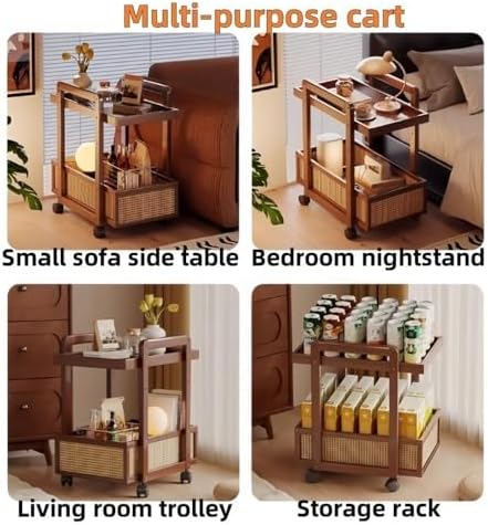 Modern 2-Tier Bamboo Rolling Side Table with Rattan, Stylish Coffee Table on ...