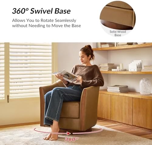 HULALA HOME Leather Swivel Accent Chair with Wood Base Set of 2, Camel | 360-...