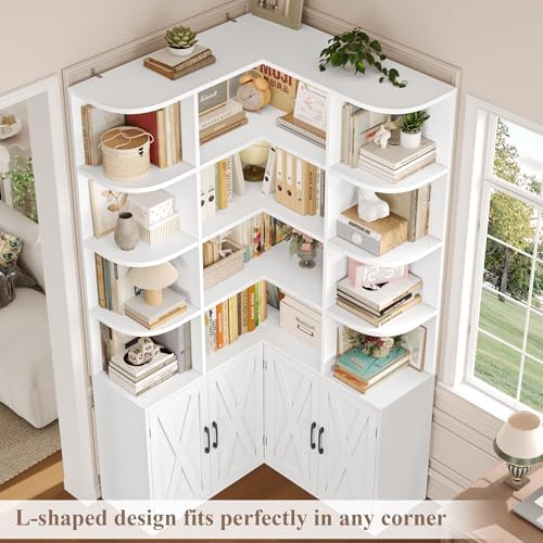 FINETONES 74" Tall Corner Bookshelf, White Bookshelf with Doors
