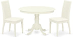 East West Furniture HLIP3-LWH-C 3 Piece Modern Dining Table Set Contains a Round Wooden Table with Pedestal and 2 Linen Fabric Upholstered Dining Chairs, 42x42 Inch, Linen White