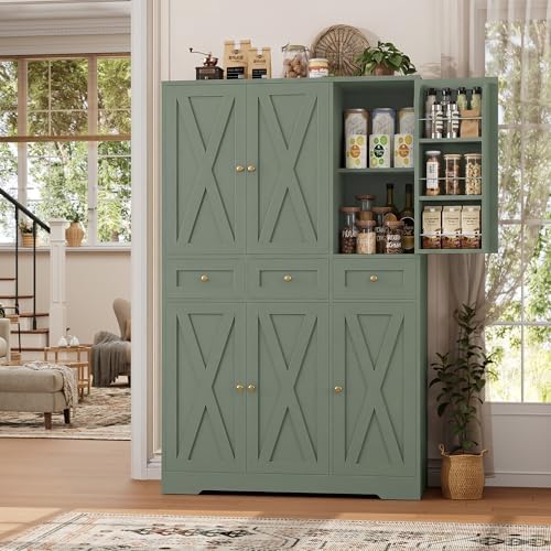 HOSTACK 67"H Farmhouse Kitchen Pantry Storage Cabinet with 3 Drawers, Gr...