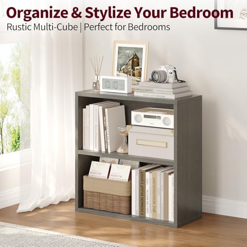 ALISENED 2 Tier Open Shelf Bookcase, Small Bookshelf with Storage