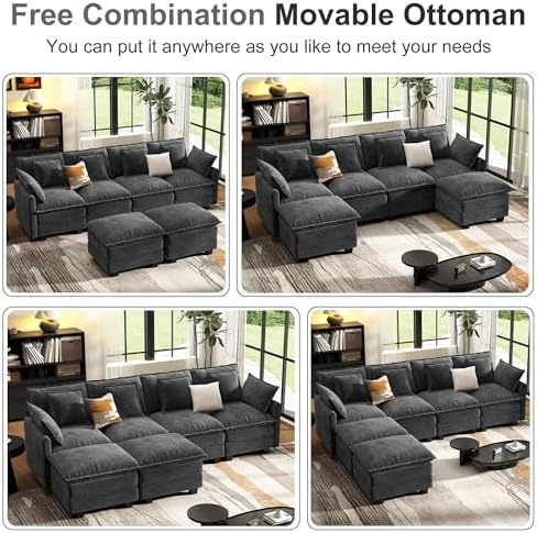 107" Cloud Couch Sectional Modular Sofa, Deep Seat Couches with Ottoman ...