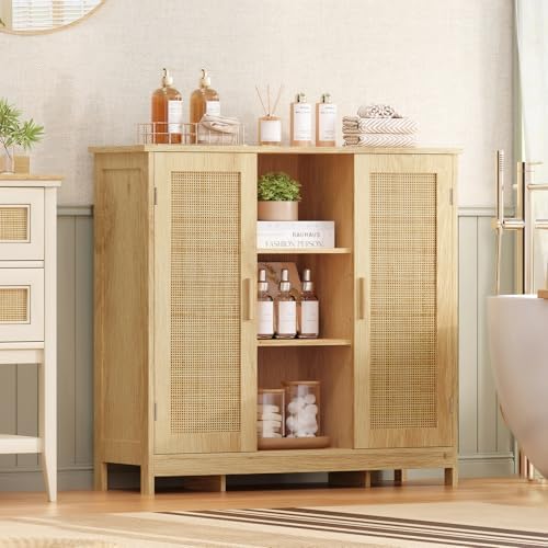 Iwell Rattan Storage Cabinet with 4 Adjustable Shelves, Coffee Bar Cabinet, S...