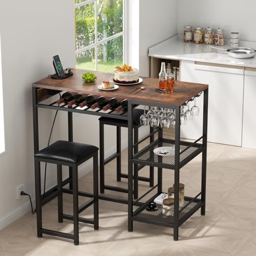 Bar Table and Chairs Set with Power Outlet, Pub Table and Chairs Set for 2