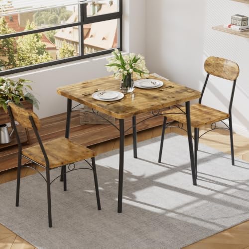 VECELO 3 Piece Small Dining Table Set for 2, Metal and Wood Square Kitchen Di...