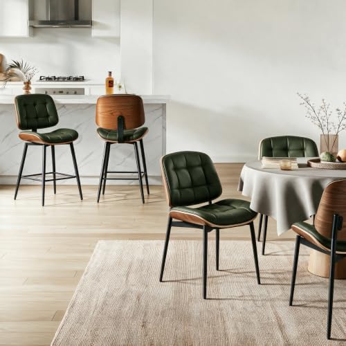 GrandNoor Mid Century Modern Dining Chairs with Walnut Grain Back, Green Faux...
