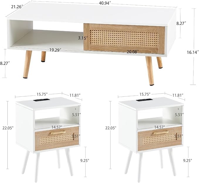 Rattan Center Table and Nightstand Set, 3-Piece Wood Living Room Table Set In...