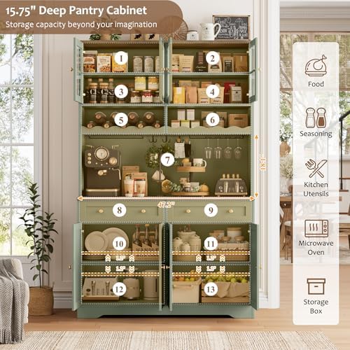 HOSTACK 75" Kitchen Pantry Storage Cabinet, Coffee Bar Hutch Cabinet, Green