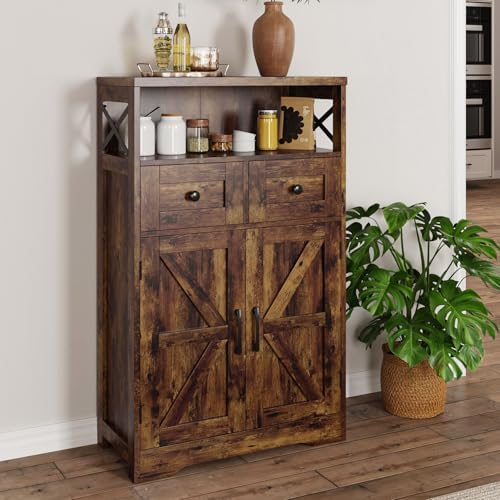FiveWillowise Rustic Brown Farmhouse Storage Cabinet with Barn Doors and Shel...