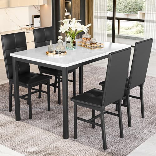 Hooseng Dining Table Set for 4, Faux Marble Small Kitchen Table with 4 PU Lea...