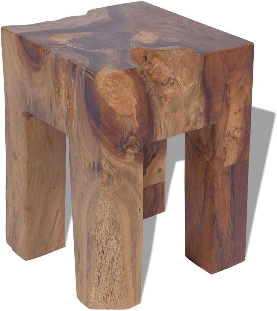 Solid Teak Wood Stool, Square Rustic End Table for Living Room Bedroom, Sturd...