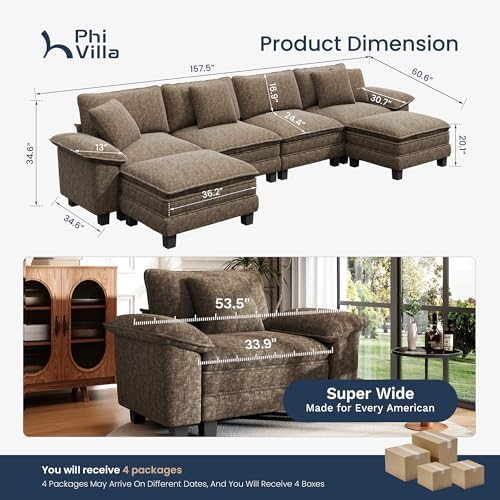PHI VILLA Oversized 6-Seat U Shaped Modular Cloud Couch Sectional Sofa | Gray...
