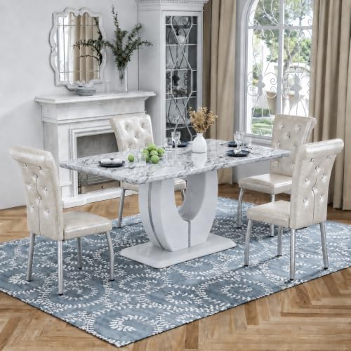 5 Piece Faux Marble Dining Table Set for 4, 63" Rectangular Kitchen Tabl...