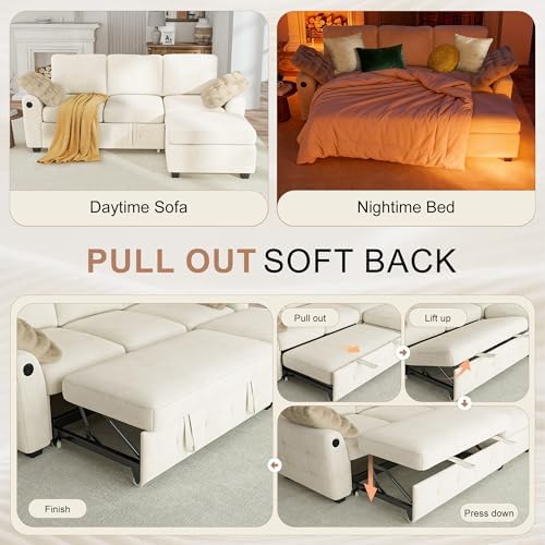 Hanherry 81" Sectional Couch with Pull Out Sofa Bed,Chenille Sleeper Sof...