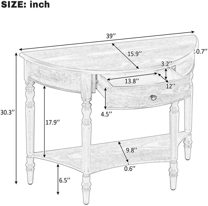 Polibi Half Moon Console Table, Entryway Table with Drawer & Shelf, Adjustable Feet, Rustic Vintage Design, Sofa Table for Entryway, Living Room, Hallway and Foyer, Black