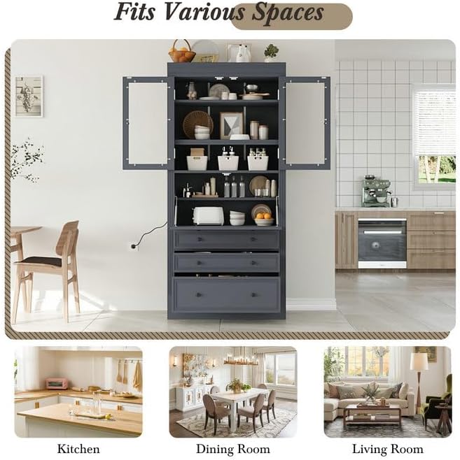 SOFTSEA Kitchen Pantry Cabinet with 3 Drawers, Kitchen Storage Cupboard with ...