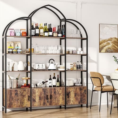 Arched Bookshelf and Bookcase with 3 Cabinets, Triple Wide 5 Tier Standing Bo...