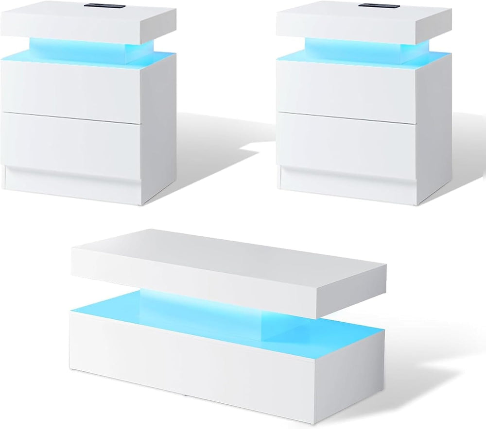 AMERLIFE 3-Piece High Gloss Coffee Table Set with LED Lights | Bedside Nights...