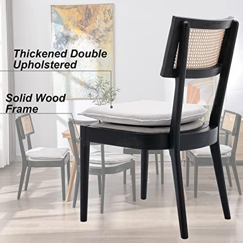 Rattan Dining Chairs Set of 2, Linen Upholstered Kitchen Chairs