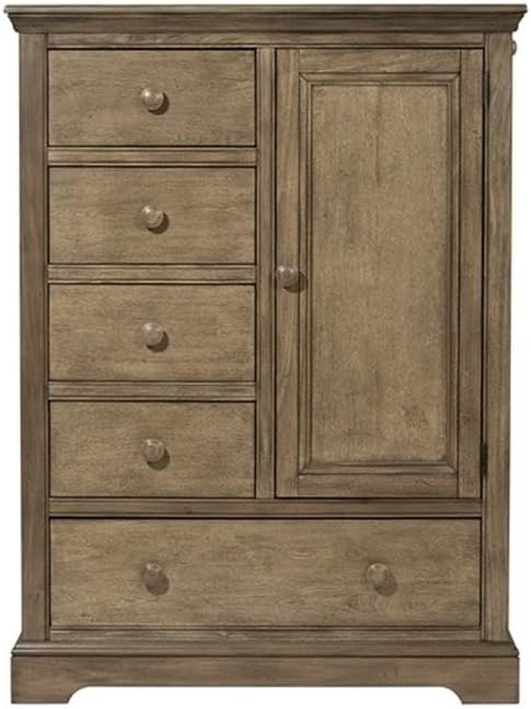 Pemberly Row Traditional Solid Hardwood Chifferobe, 42" W x 18.75" D x 56.75" H, Cashew Finish, 5 Drawers, Wardrobe-Style Storage, Clean Lines for Bedroom or Closet Organization