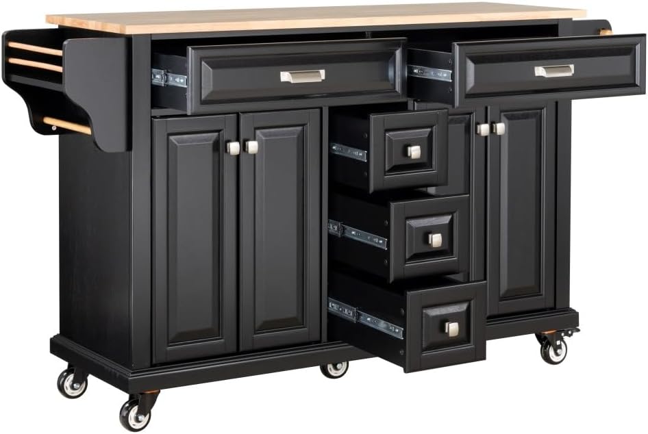 Kitchen Island with Rubberwood Top, 5 Drawers, Cabinet and Wheels, Black | Ro...
