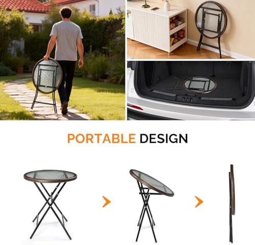 VINGLI 23.6in Modern Brown Rattan Folding Glass Outdoor Side Table, Small Pat...