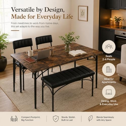 4 EVER WINNER Dining Table Set for 4 with Upholstered Seats, Rustic Brown
