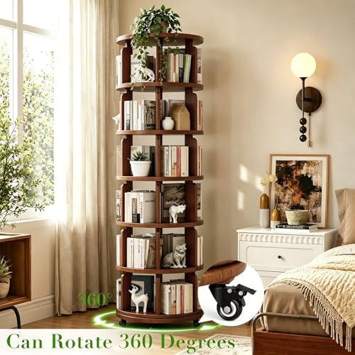 6 Tier 360° Rotating Solid Wood Bookshelf with Wheels