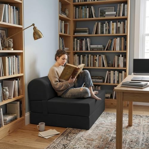 D&D Futon Furniture Sleeper Chair Folding Bed, Studio Sofa Guest Folded Mattress, High Density Foam (72 x 48 x 6, Black)