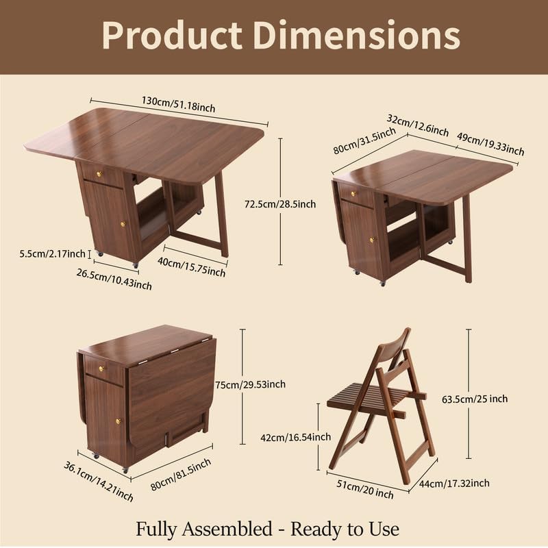 Folding Drop Leaf Dining Room Table 4-6 Seater with Storage and Lockable Whee...
