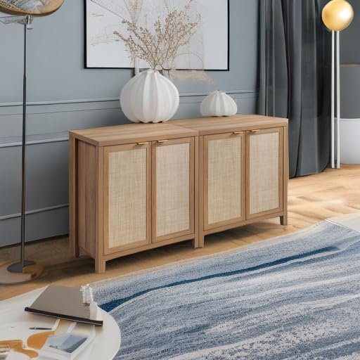 SICOTAS 68" Rattan Sideboard Buffet Cabinet 4 Door Coffee Bar Cabinet