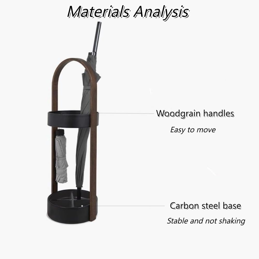 Metal Umbrella Stand, Wood Grain Umbrella Holder with Hooks(Black) | Space-Saving Umbrella Storage for Entryway or Hallway, Modern Indoor Umbrella Rack with Wooden Armrests