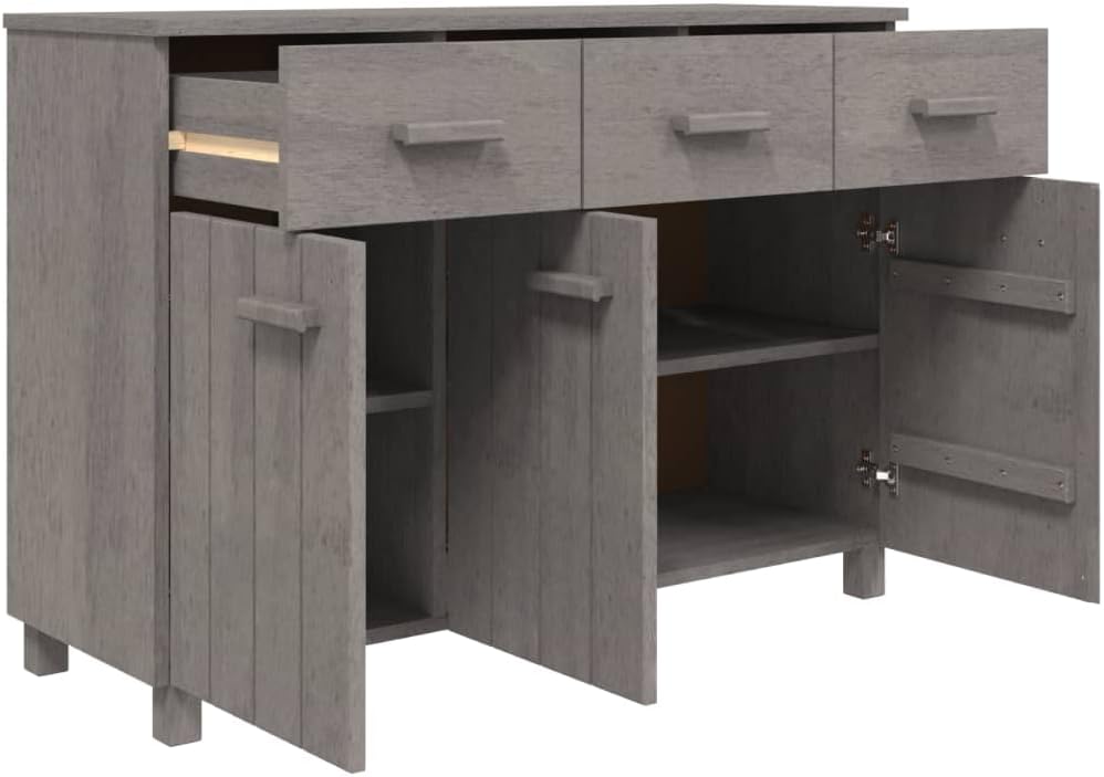 Light Grey Solid Pine Wood Sideboard with Shelves and Drawers, Traditional St...