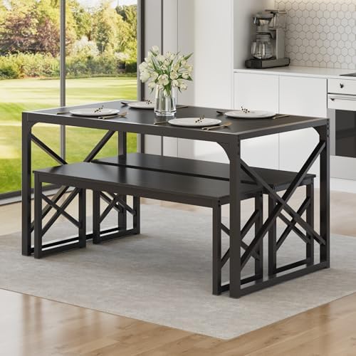 VECELO 55” Kitchen Dining Table Set for 4, Heavy-Duty Steel Frame & Wood-...