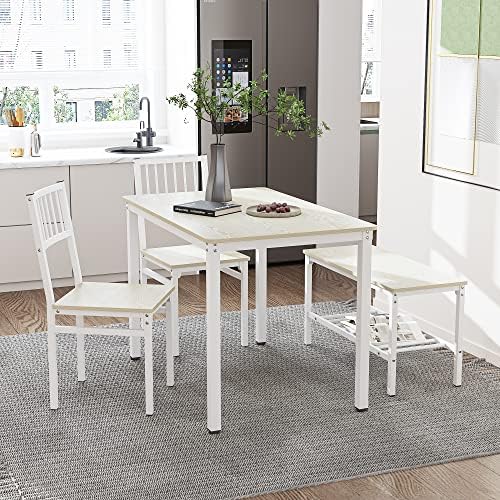 Teraves Dining Table Set for 4, Kitchen Table and 2 Chairs with Bench