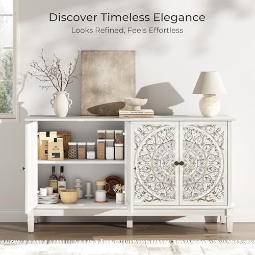 59" Solid Wood Buffet Cabinet, Accent Cabinet, 4 Carved Doors