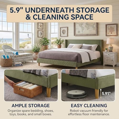 King Corduroy Upholstered Platform Bed with Headboard Wingback, Turtle