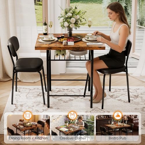 VINGLI Dining Table Set for 2, Small Kitchen Table Set with Upholstered Chairs, 3-Piece Dining Set with Storage Rack, Wood Dining Room Set with Metal Legs for Small Spaces, Living Room, Rustic Brown