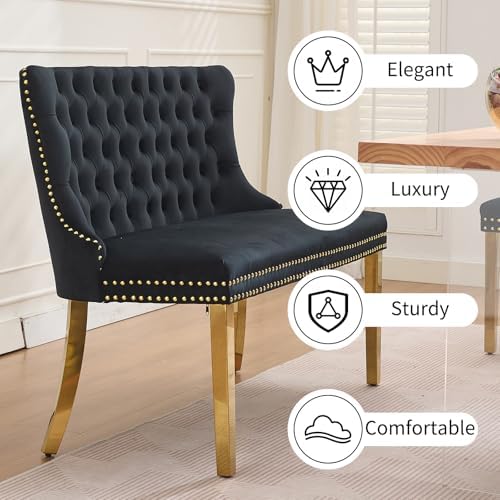 Black Velvet Dining Bench with Back, Tufted Banquette Seating, Gold Legs | Up...