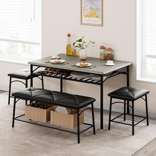 GAOMON Dining Table with Benches, Kitchen Table Set for 4, Dining Room Table ...