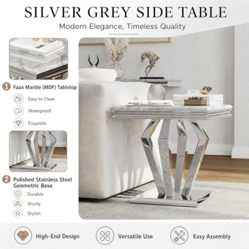 2 Piece Silver Living Room Table Set, Luxury Coffee Table Set | Gray Top, Sil...