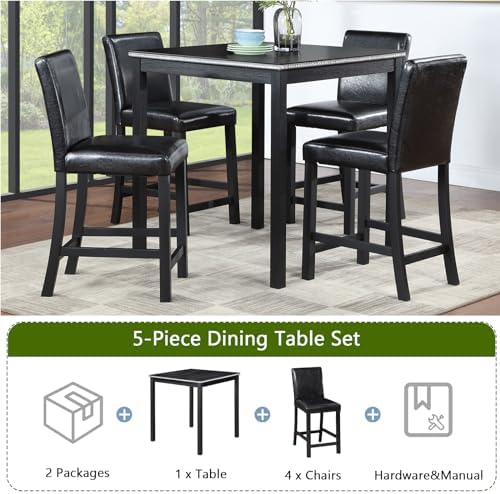 LUMISOL Dining Table Set for 4, Solid Wood Counter Height Kitchen Table Set w...