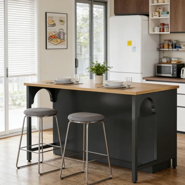 Kitchen Island with Open Shelves, Black and Natural Wood Top | 3-Tier Storage...