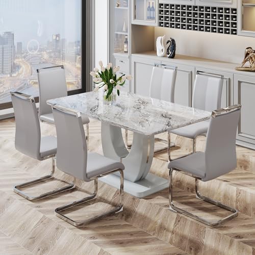 JUFU 7-Piece Dining Table Set for 6, 63-Inch Faux Marble Table