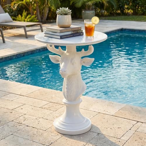 Modern Accent TableLiving Room White Deer Statue Contemporary‌ Faux Marble Ni...