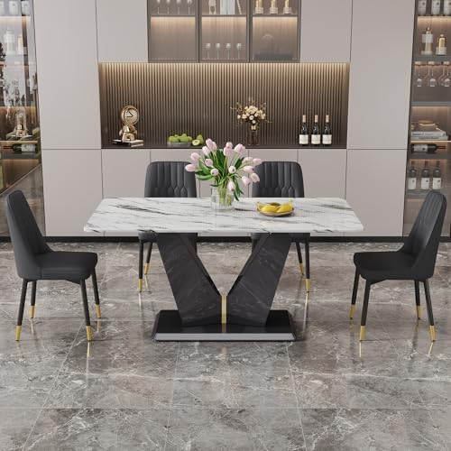 63" Modern Dining Table Set for 4, White Marble Dining Table with MDF Ba...