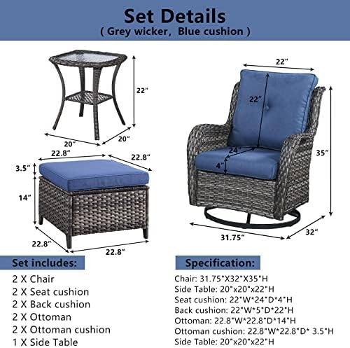 Belord 5 Piece Wicker Patio Furniture Set, Outdoor Swivel Rocker Chairs Set o...