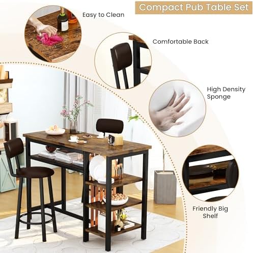 Bar Table and Chairs Set, 47'' Counter Height Dining Table Set with S...